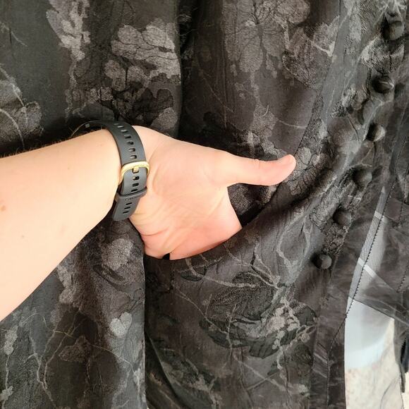 Vintage 90s logo instant chic black tapestry floral ruffle button blazer Sz 18 - Picture 7 of 12